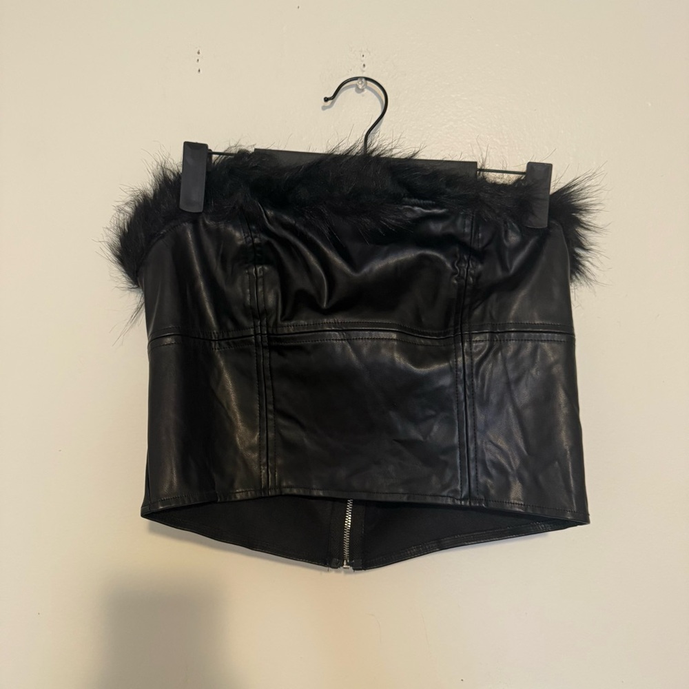 Black Faux Leather Crop Top with Fur Trim